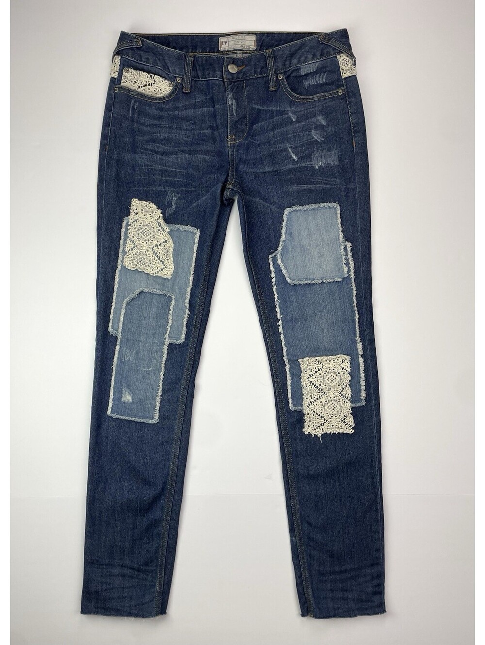 Free People Patchwork Crochet Lace Distressed Skinny Jeans Womens Size 27